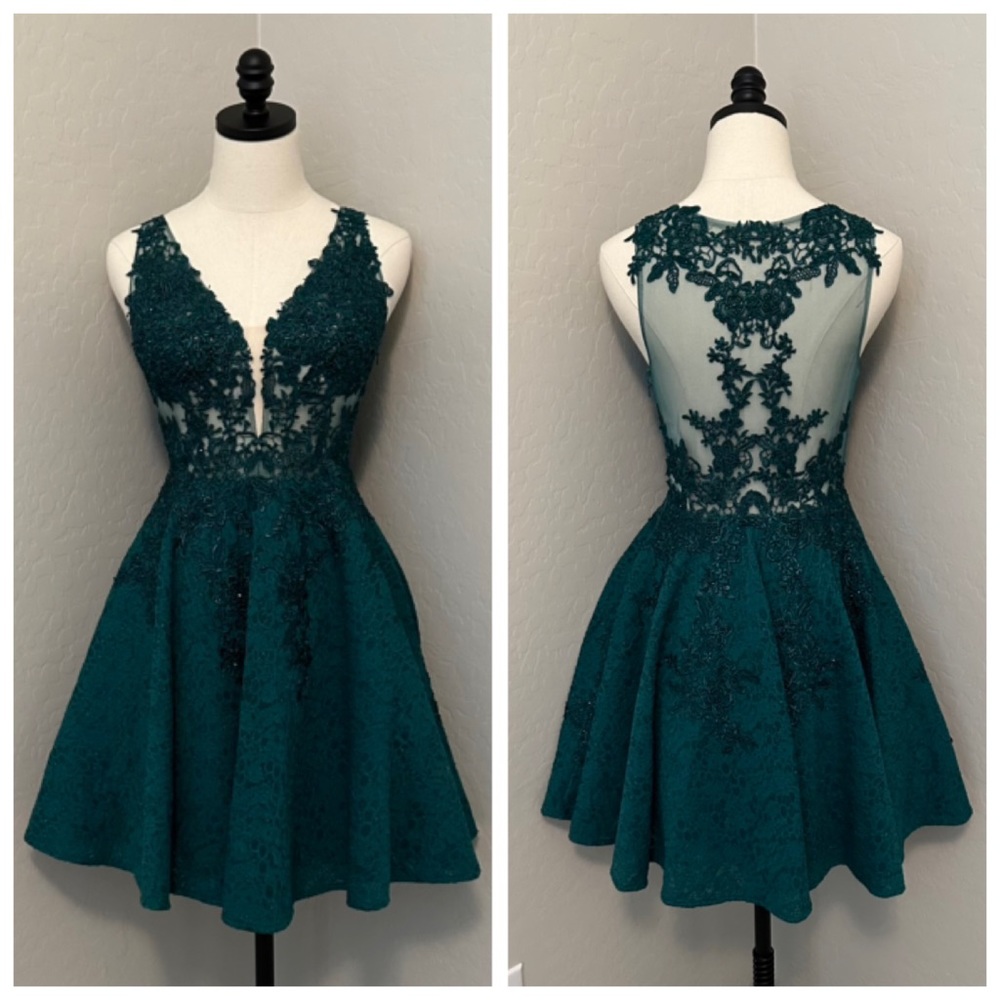 NEW JOVANI SZ 8 HUNTER GREEN NUDE ILLUSION FIT FLARE BEADED LACE FORMAL DRESS